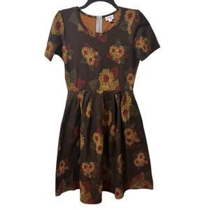LULAROE Amelia brown, gold & red sunflower print fit & flare dress size Medium